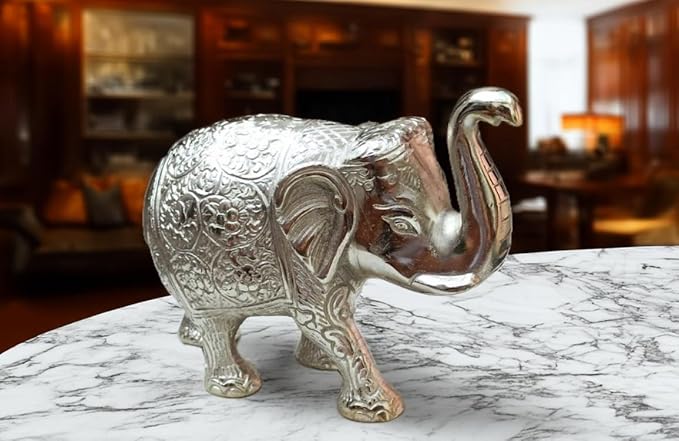Large Silver Metal Trunk Up Elephant Statue Showpiece Figurine -Fengshui Vastu Lucky - Decorative Items for Home Living Room Decor Living Room Office Desktop & Gifting