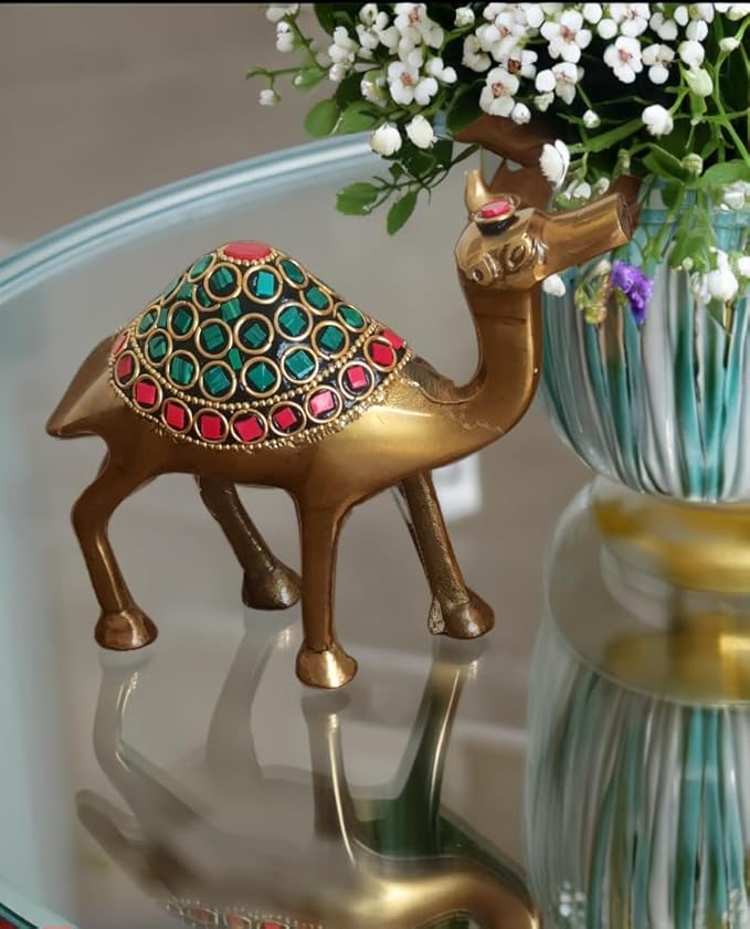 Gemstone Work 6 Inches Brass Camel Showpiece, Camel Statue for Vastu, Home Decor, Standard, Pack of 1
