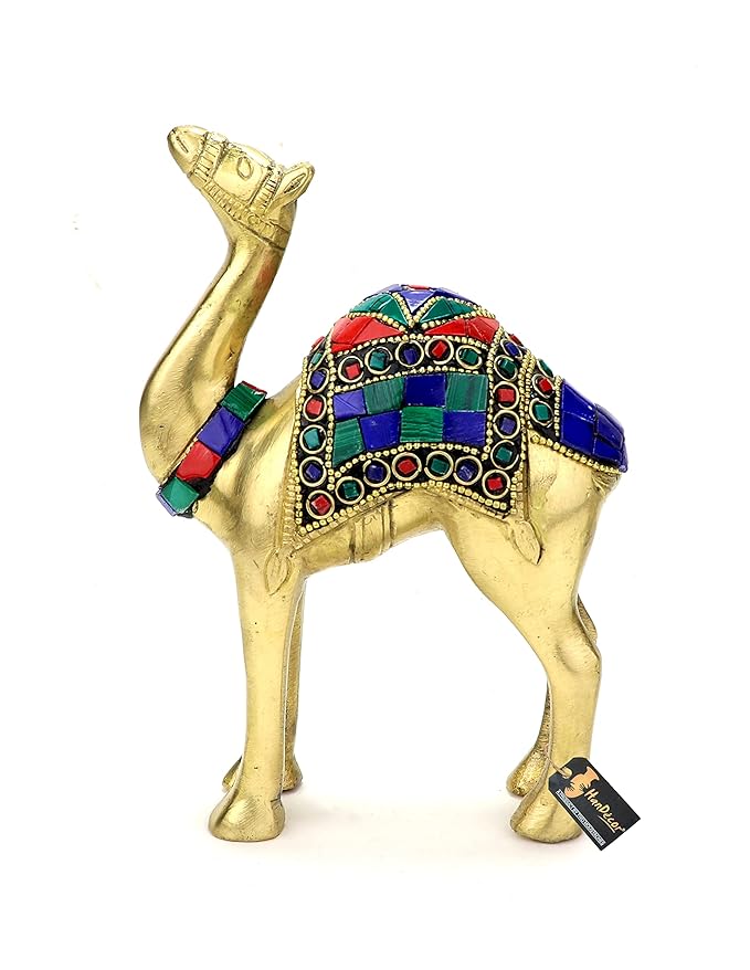 Two Moustaches Gemstone Work 6 Inches Brass Camel Showpiece, Camel Statue for Vastu, Showpiece for Home Decor, Standard, Pack of 1
