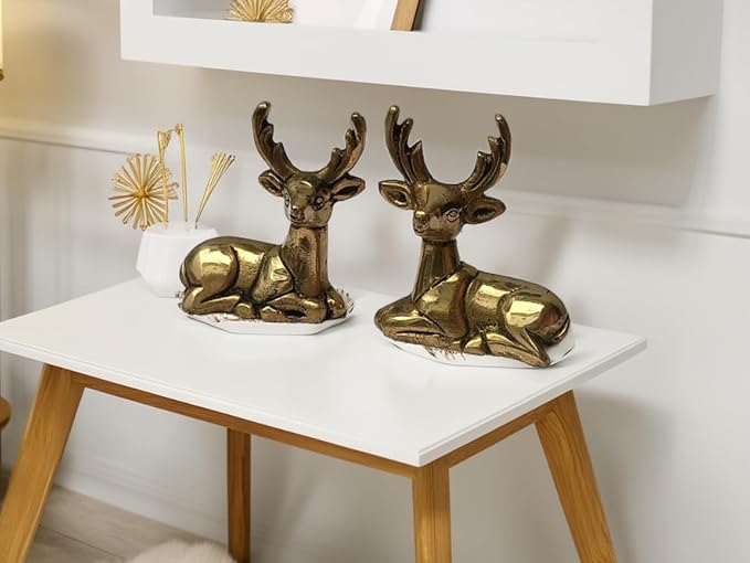 Brass Deer Pair Sculptures | Elegant Home Décor Showpiece | Ideal for Shelf Display and Gifts, Center Table TV Unit Showcase Shelf Office Desk Interior Artifacts 2.6 Inches Height