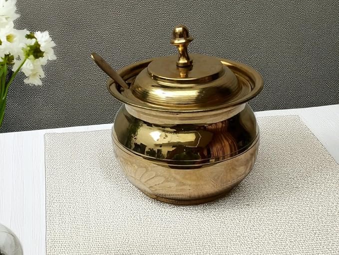 100% Pure Fine Brass Multipurpose Ghee Pot with Lid & Spoon | Perfect for Ghee, Oils, Pickle and Kitchen Storage | Design for Stylish Kitchens and Ritual Use | 400ML