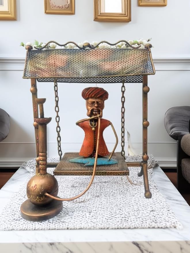 Village Man with Hukka Showpiece | Men Sitting in Jhoola with Hookah Figurine - for Home, Bedroom, Living Room, Office Desk & Bar Decor - 17 Inch