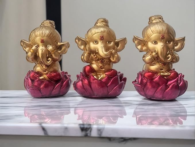 Beautiful Handmade Cute Ganesha Set of 3 Table Decor Piece Marble Dust and Resin Mix Export Quality | Ganesha Idol for Pooja/Home/Office Decor | Gift | Golden Red (L10*W8*H16 cms)
