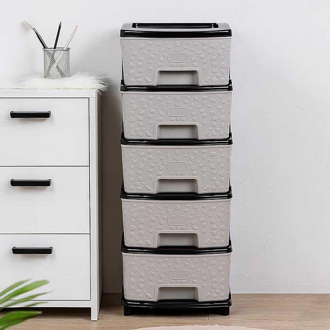 Amazon Basics Plastic 5 Tier Multipurpose Modular Drawer Storage Rack | Kitchen & Home Essentials Organizer Storage Box Cabinet | Almira Set for Stationary, Kitchen, Cosmetic |Black & Grey