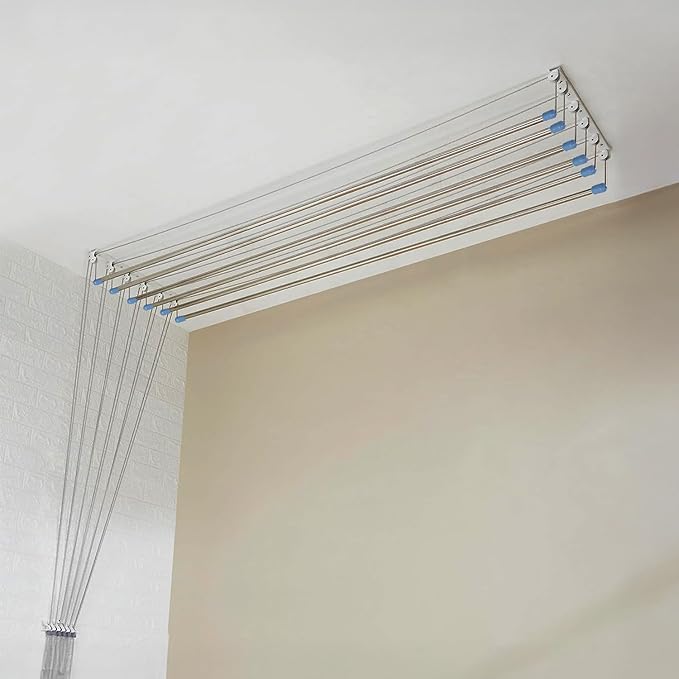 Amazon Basics Heavy-Duty Stainless Steel Ceiling Cloth Dryer (6 Pipes x 5 Feet) with UV-Protected Nylon Ropes – Pulley Operated Drying Rack for Balcony – Space-Saving Design