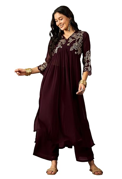 Amazon Brand - Tavasya Women Georgette Zari Sequin Embroidered Kurta with Palazzo-Style Pant Set | Salwar Suit