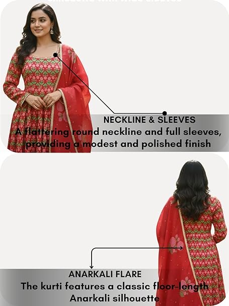 Leriya Fashion Kurta Set with Dupatta | Kurta Sets for Woman | Anarkali Style Traditional Dress for Woman | Salwar Suit for Party Outfit | Anarkali Suit for Women | Red Kurti Set for Women