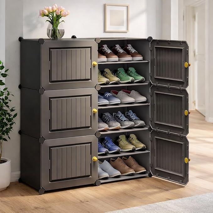 EXVITO 12 Tier Shoe Rack with Shelf, Folding Shoe Rack for Bedroom, Living Room,Entryway, Footwear Stand for Home, Organizer, ShoeRack Plastic | Plastic Shoes Rack for Home - Grey