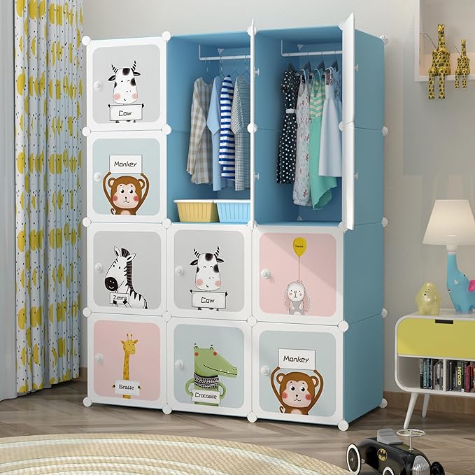 EXVITO 12 Door Kids Plastic Wardrobe for Clothes, Foldable Plastic Almirah for Clothes, Collapsible Wardrobe for Storage, Baby Cupboard for Clothes Storage - (Cow Sky Blue, 12 Door)