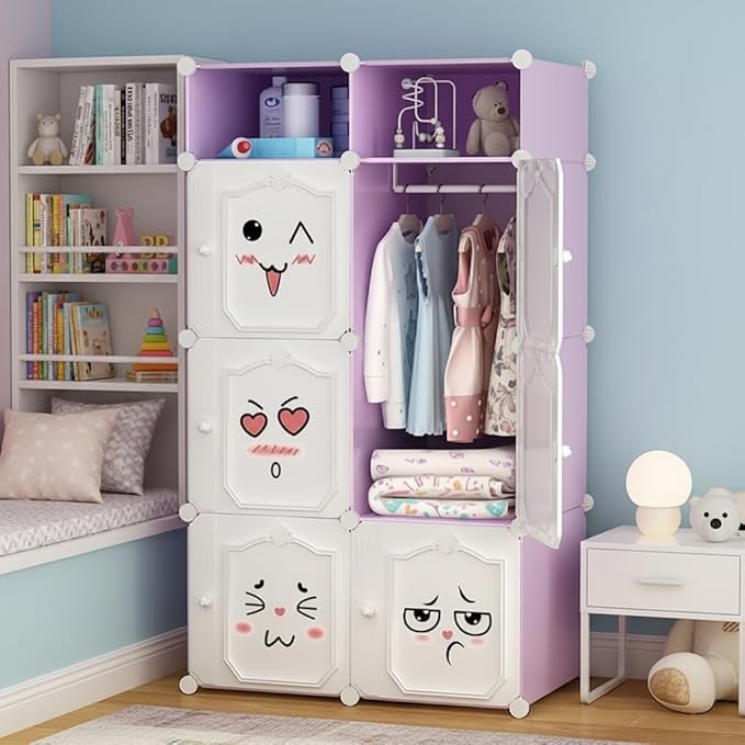 EXVITO Collapsible Wardrobe Storage Cabinet | 6+2 Door Plastic Modular Clothes Organizer for Kids | Foldable Wardrobe Storage Rack with Hanging Space | Multi-Purpose Kids Closet Organizer - Purple