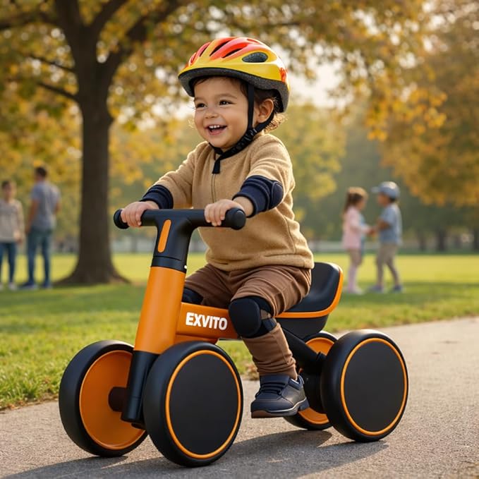EXVITO Kids Baby Balance Bike for 1-2 Years Old Boys and Girls, Toddler Best Birthday Gift | Toddler Bike with 4-Wheel Stability | Easy to Use Effective for Hardwood, Tile, and Laminate (Orange)