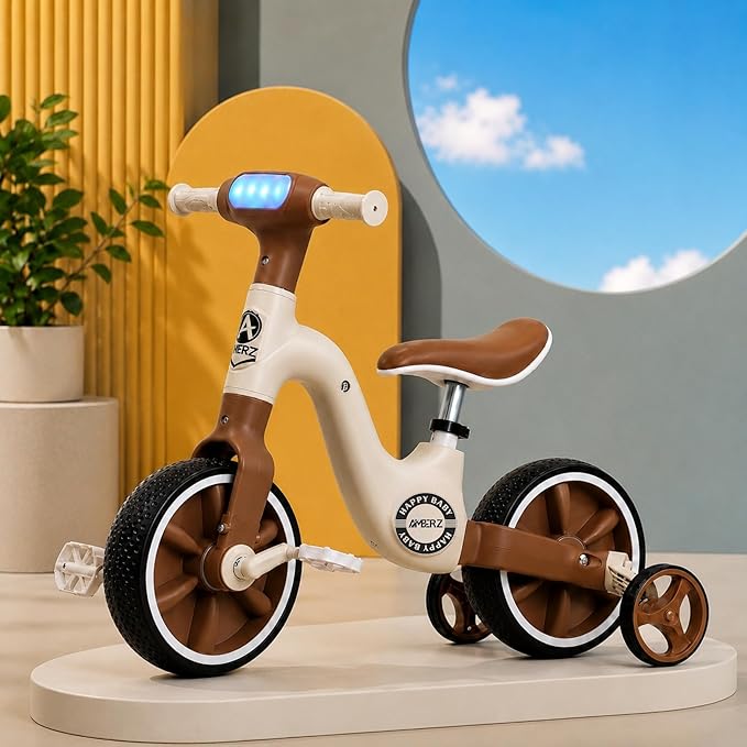 3-in-1 Convertible Kids Smart Tricycle/Bicycle/Balance Bike for Toddlers 2 to 5 Years Old Boys and Girls with Light, Music and Foldable Training Wheels (Brown)
