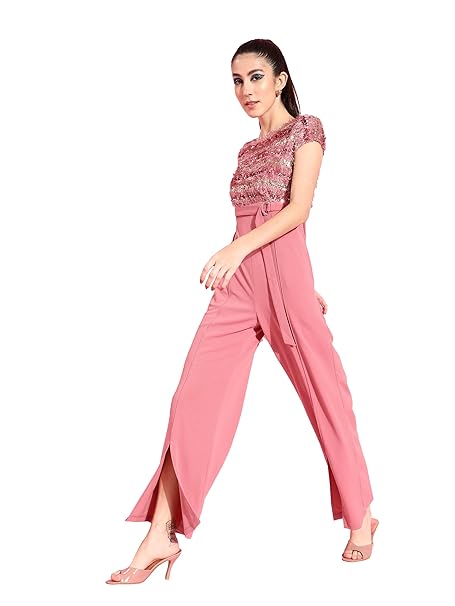 Miss Chase Women's Halter Neck Sleeveless Solid Wide Leg Sequin Paneled Regular Length Jumpsuit