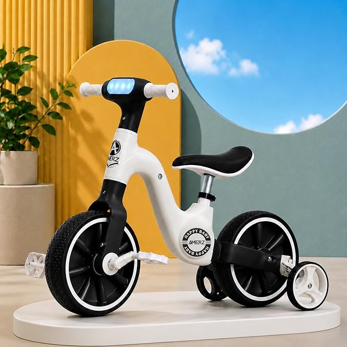 3-in-1 Convertible Kids Smart Tricycle/Bicycle/Balance Bike for Toddlers 2 to 7 Years Old Boys and Girls with Light, Music and Foldable Training Wheels (Black)