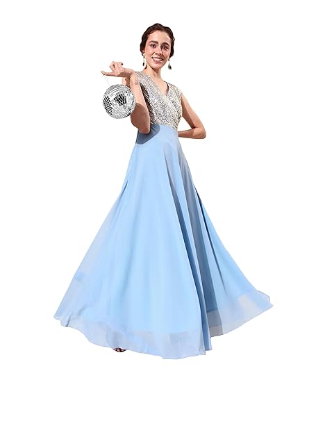 Miss Chase Women's Round Neck Sleeve Embellished Fit Flare Maxi Dress