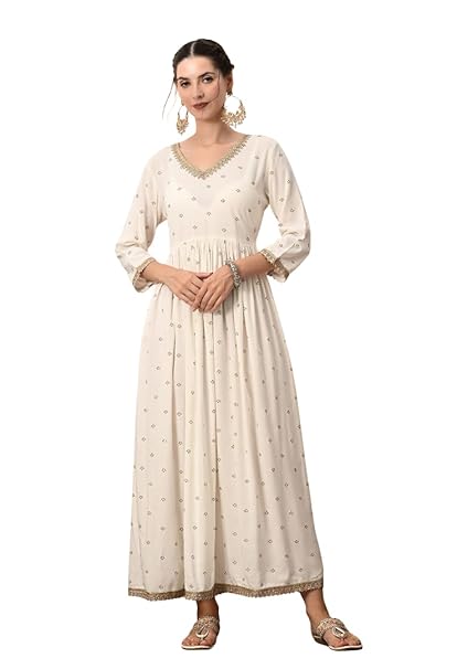 Amazon Brand - Tavasya Women Anarkali Kurta in Rayon Fabric | Printed Ethnic Design | 3/4 Sleeve Flowy Fit for Daily and Occasion Wear
