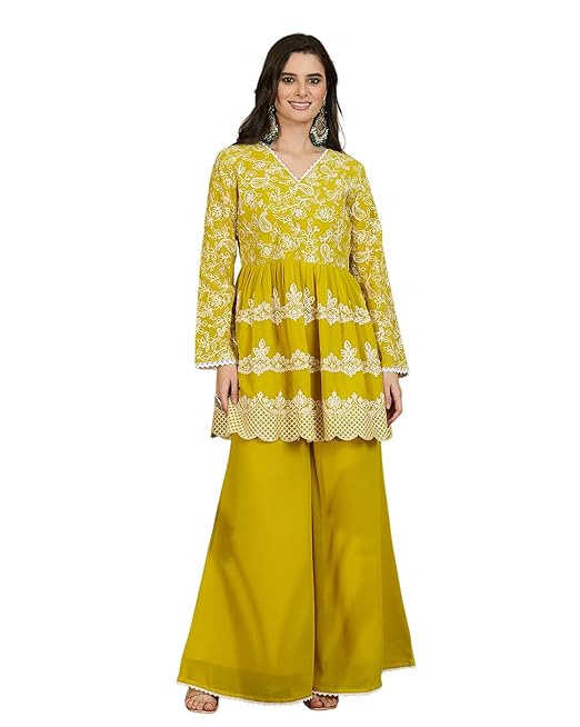 Amazon Brand - Tavasya Women Chain EmbroideKurta Palazzo Set