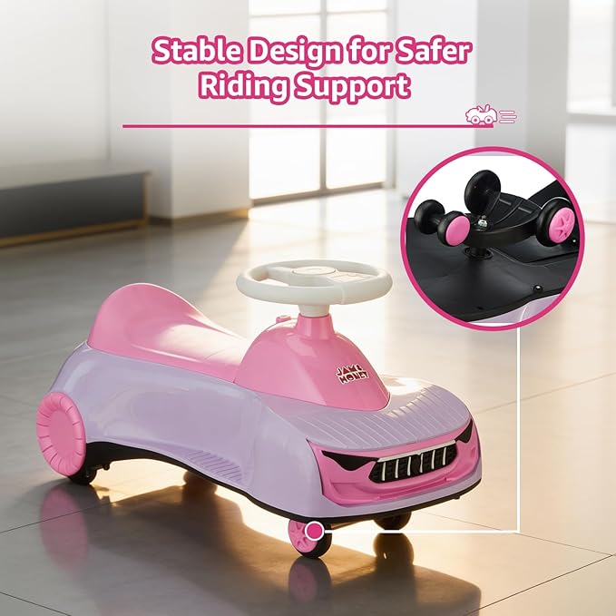 Amazon Brand - Jam & Honey Ride-On Swing Car for Kids 12+ Months| Premium Design with Stable Overhang Base | PU Wheels | Supports up to 100 kg | Indoor & Outdoor - Pink