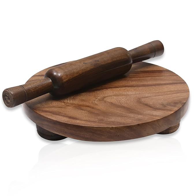Sheesham Wood Chakla Belan Set 10 Inch Rolling Board and 12-Inch Rolling Pin for Roti, Chapati, and Kitchen Use, Brown