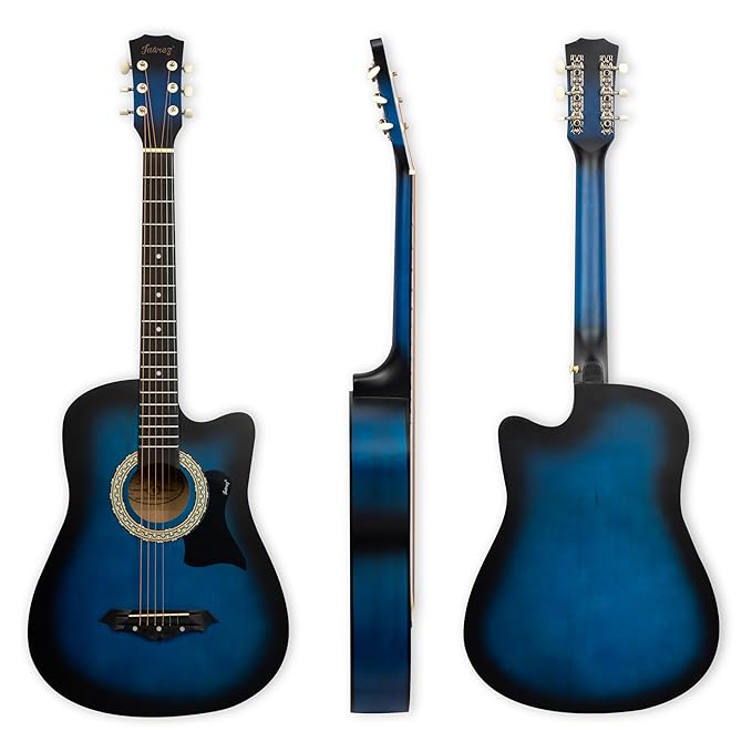 JUAREZ 38 Inch Cutaway Acoustic Guitar Kit with Pick Guard | ABS Neck & Fingerboard | Linden Wood Body | Steel Strings | Blue Sunburst | Guitar Bag, Strap, Picks & Spare Strings, JRZ38CAB-TBS-KIT