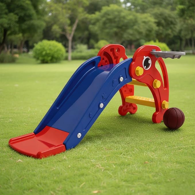 Amazon Brand - Solimo Dolphin Slide for Toddlers with Basketball Hoop | Indoor & Outdoor Kids | Safe Plastic Climber & Slide for Boys & Girls | for 2+ Years | Easy Assembly, Red and Blue