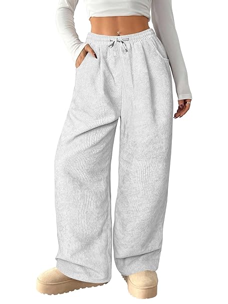 Shasmi Women's Retro Corduroy Wide Leg Pants with Elastic Drawstring Waist | Casual Loose Fit Baggy Trousers with Pockets | High-Waisted Streetwear Style Long Pants (Trouser 277)