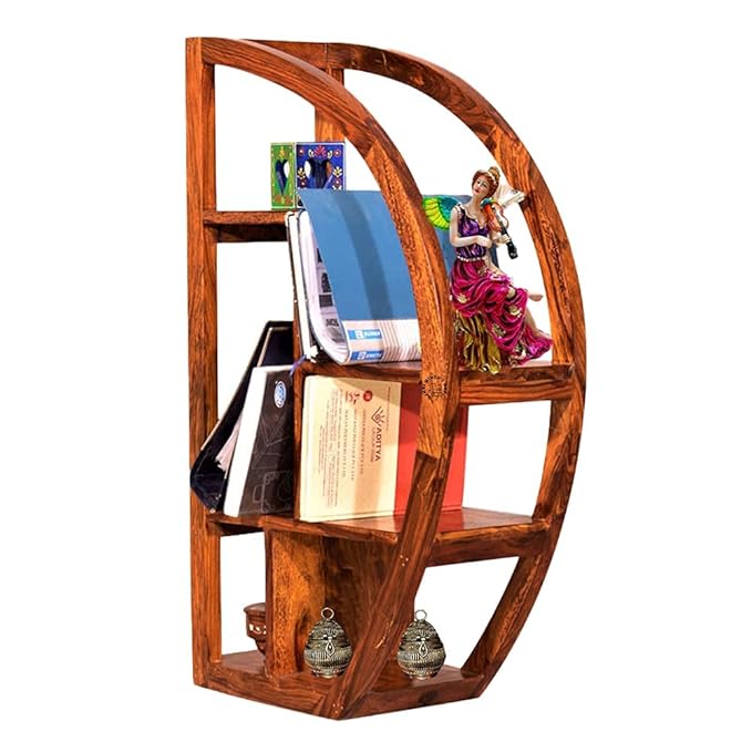 Solid Sheesham Wood Bookshelf for Living Room | Wooden Corner Shelf with 3 Open Shelf Storage for Home Dcor | D Shape Bookcase for Office | Rosewood, Honey Finish