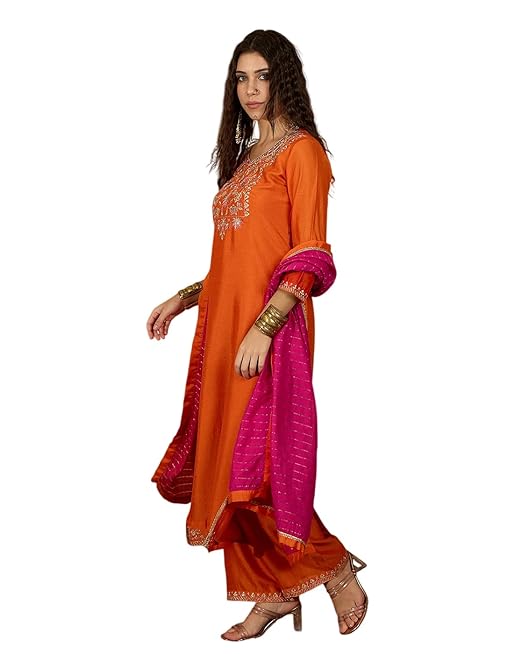 Amazon Brand - Tavasya Women Silk Blend Zari Sequence Embroidered Kurta with Pant and Dupatta | Salwar Suit | Kurta Set