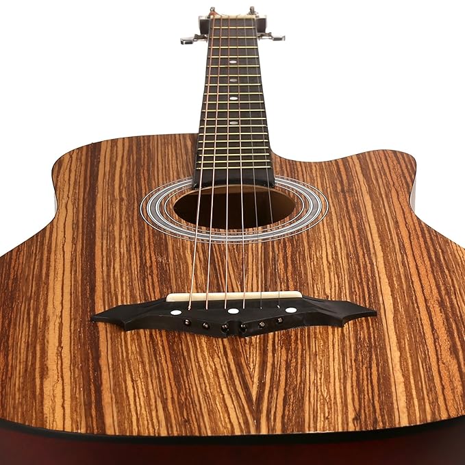 JUÂREZ JRZ38C/ZEB 6 Strings Acoustic Guitar 38 Inch Cutaway, Right Handed, Zebrawood with Bag, Strings, Picks and Strap