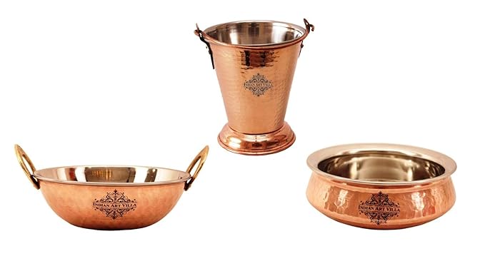 Indian Art Villa Stainless Steel & Copper Handi with Kadhai Kadai Wok & Bucket, 300ml, 350ml, 300 ml, 1 Handi, 1 Kadhai Kadai Wok, 1 Bucket (Steel,Copper)
