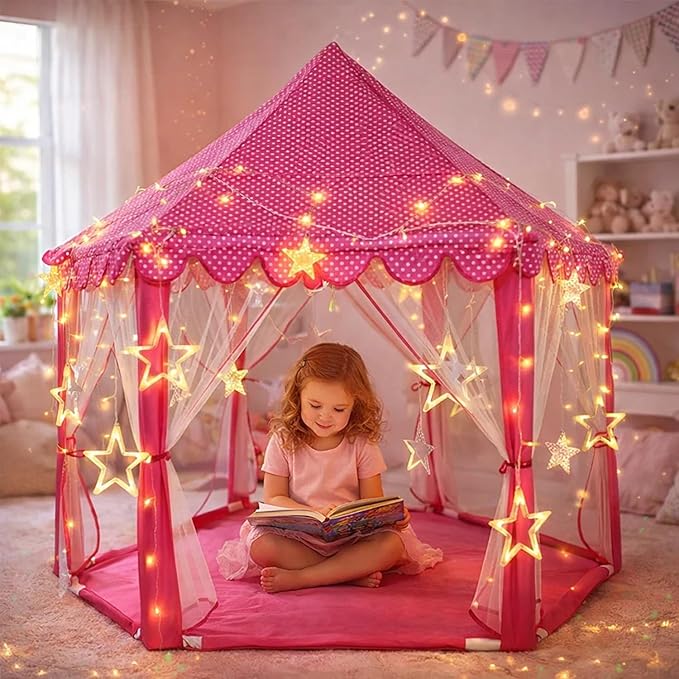 BabyGo Kids Prince Princess Castle Tent for Kids | Theme Play Tent with Mosquito Net | Indoor Outdoor Playhouse | Lighting Tent House for Boys & Girls | 140cm x 135cm x 70cm | (Pink)