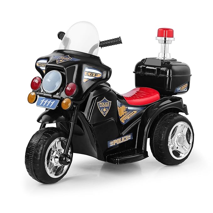 Baby Go Electric Bike for Kids | Police Bike | Music | LED Lights | Storage Box | Rechargeable 6V Battery, 60+ Minutes Playtime | Ride on Bike for Boys and Girls 1-4years | Black