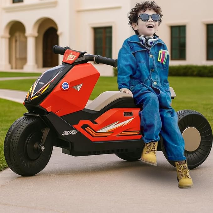 Storio Racer Electric Bike for Kids | 6V Battery, MP3 Player, USB, Bluetooth, LED Lights & Foot Accelerator | Battery-Operated Ride-On for Boys & Girls Aged 1-5 Years Red & Black