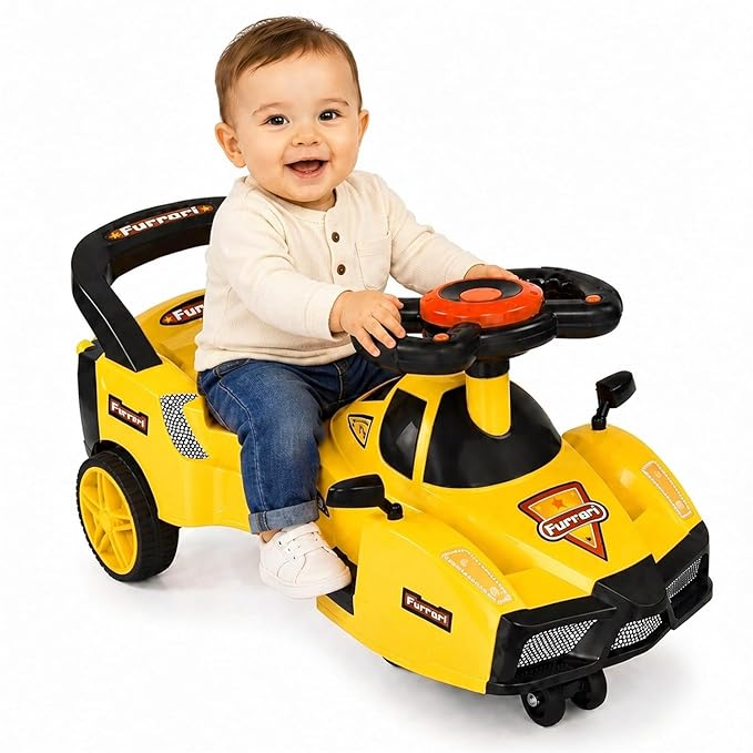 BabyGo Baby Furrari Swing Magic Car Ride On Toy for Kids with Music & LED Lights | Durable Push Ride-On Scooter Car for Boys & Girls | Indoor Outdoor Fun Baby Ride Car (Yellow)