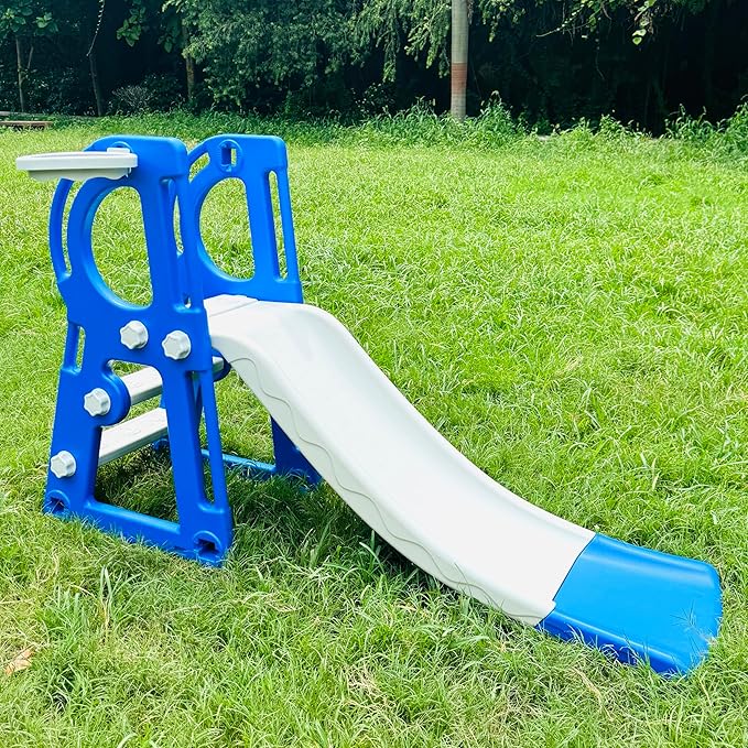 BabyGo Riko Kids Garden Style Toy Foldable Slide with Basket for Indoor & Outdoor Home & School (Blue)
