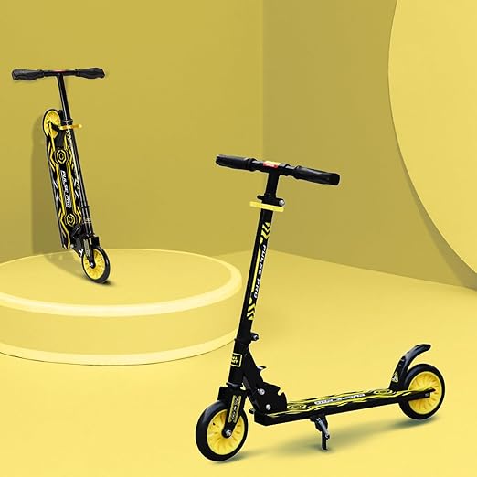 Amazon Brand - Jam & Honey Kick Scooter | Foldable 2-Wheel Design with Rear Brake | 3-Height Adjustable Handlebar | BIS Certified | 50 kg Max Load | Neon Yellow | Ages 6-13 Years