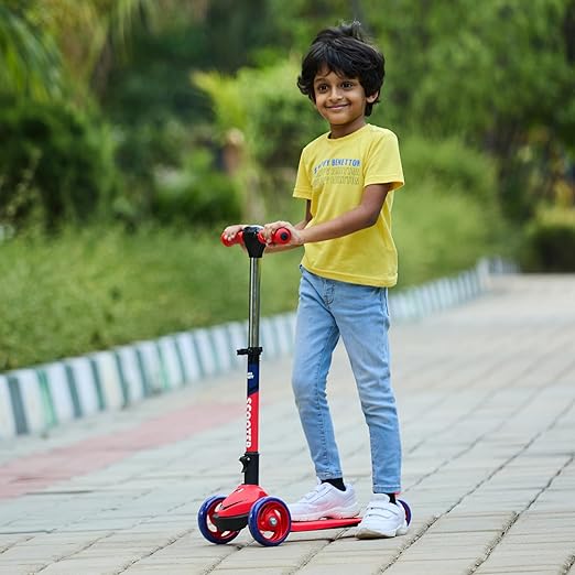 AMAZON BRAND JAM & HONEY 3 Wheel Kids Scooter with RGB Light-UP Wheels,Foldable Design & Height Adjustment-BIS Certified-Indoor & Outdoor USE, RED/Blue (UP to 20 KG)