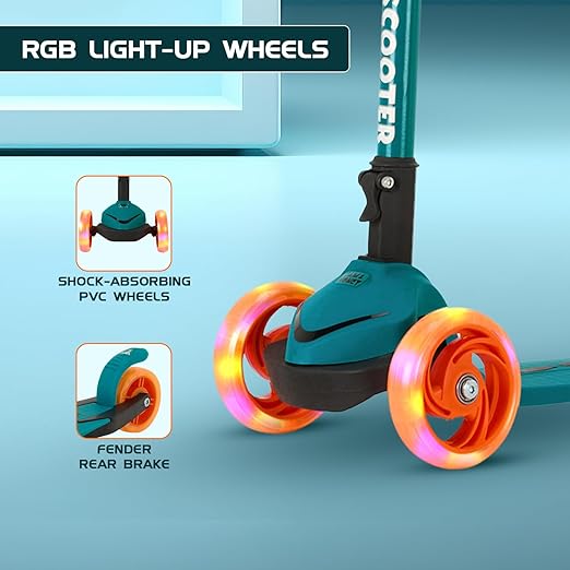 AMAZON BRAND JAM & HONEY 3 Wheel Kids Scooter with RGB Light-UP Wheels,Foldable Design & Height Adjustment-BIS Certified-Indoor & Outdoor USE,Blue/Orange (UP to 20 KG)