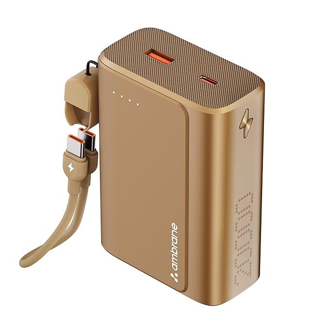 Ambrane 20000mAh 35W Fast Charging Small Pocket Size Powerbank, Hanging InBuilt Type C Cable, Type C PD & USB Output for iPhone, Android Mobiles & Other Devices (PowerMini 20, Golden)