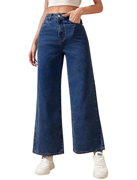 DEELMO Women High Rise Wide Leg Denim Jeans | Straight Fit Full Length Casual Wear Jeans with Functional Pockets for Daily Use