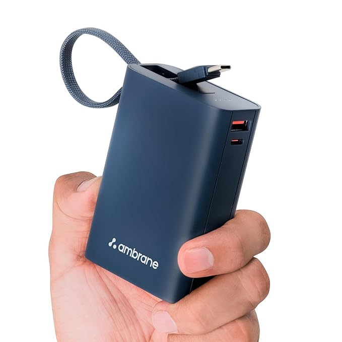 Ambrane 20000mAh Pocket Size Power Bank with Inbuilt Type-C Cable, 22.5W Fast Charging, Type-C PD & USB Output, Portable Mini Powerbank for iPhone, Android & Other Devices (MiniCharge 20, Black-Blue)