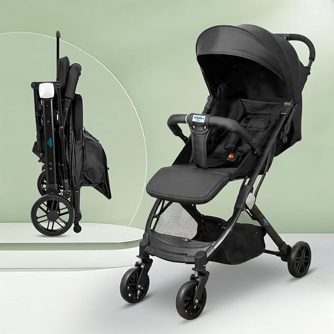 Amazon Brand - Supples Baby Stroller for Newborns & Toddlers 0–3 Years | Auto Fold Travel Cabin Trolley Pram | Adjustable Backrest, 5-Point Safety Harness, 360° Wheels | Black