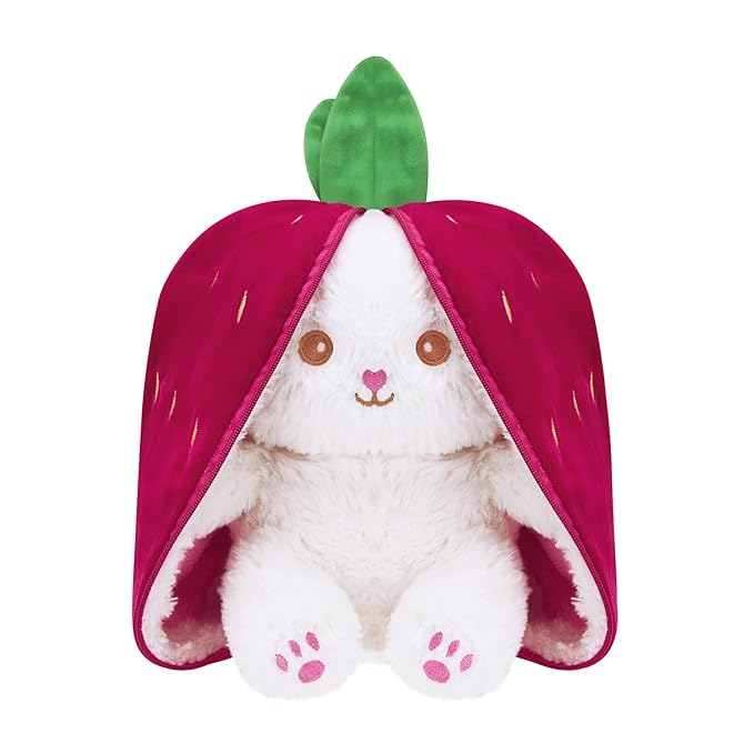 Amazon Brand - Jam & Honey Reversible Carrot Strawberry Bunny Plush Toy | Zipper | Cute Stuffed Animal | Rabbit Soft Toy |Age 3 Years and Above