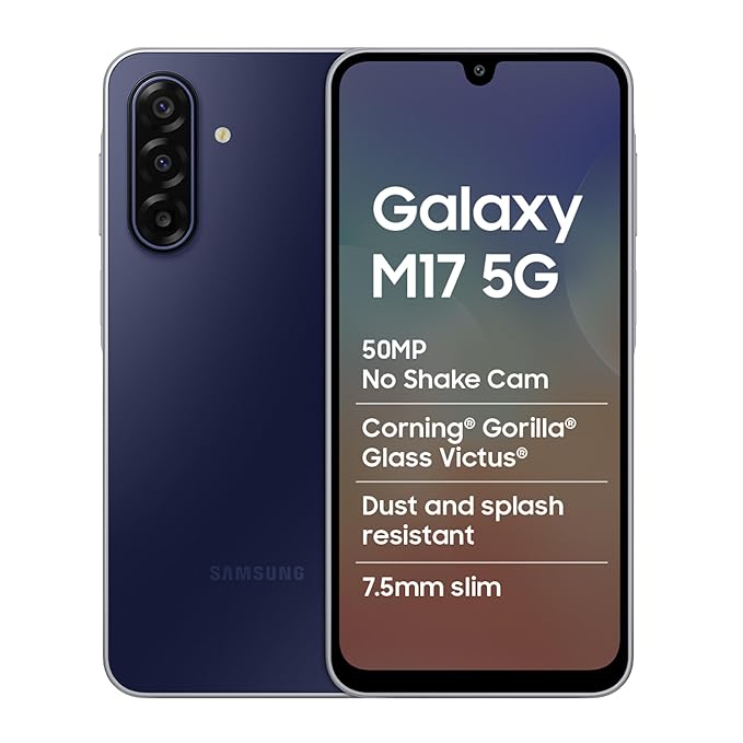 Samsung Galaxy M17 5G Mobile (Sapphire Black, 4GB RAM, 128GB Storage) | 50MP OIS Triple Camera | Gorilla Glass Victus | IP54 | 6 Gen OS Upgrades | AI | Gemini Live | Lag-Free Gaming | Without Charger