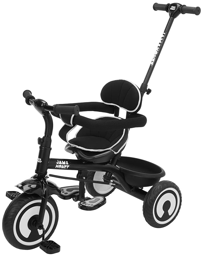Amazon Brand - Jam & Honey Tricycle for Kids | 2-in-1 with Pedalling and Parental Control Modes | Cushioned Seat | Guardrail & Anti-Slip Handle for Safety | for 2 Years+ Boys and Girls | Black