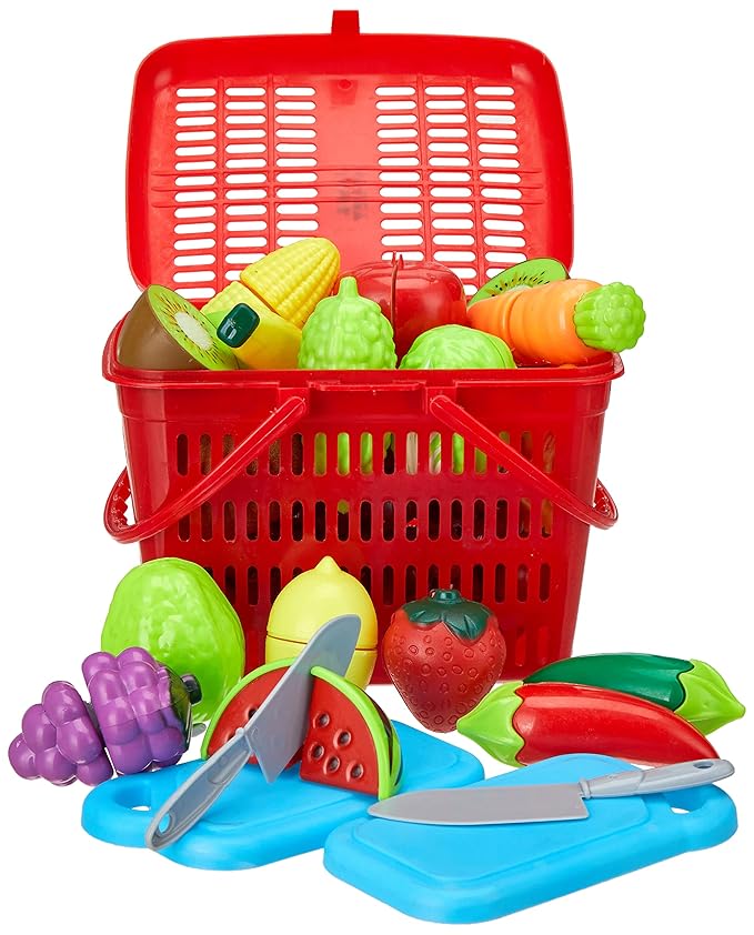 Amazon Brand - Jam & Honey Cutting Fruits & Vegetables Toy Set for Kids 2+ Years, Pretend Play Food Basket with 14 Pieces, Chopping Board & Knife, Role Play Learning Toy, BIS Certified Safe