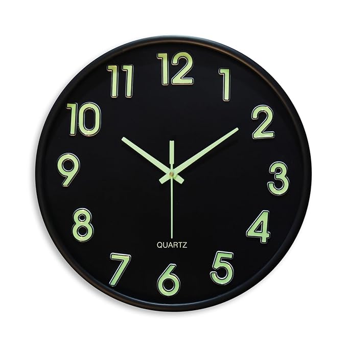 Amazon Brand- Solimo 12-Inch Analog Wall Clock – Luminous Night Glow-in-the-Dark Design, Radium Dial, Silent Non-Ticking Sweep