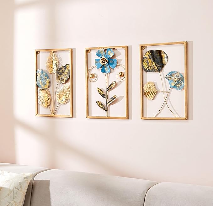 Amazon Brand – Solimo Leaves Metal Wall Decor | Elegant Nature-Inspired Iron Wall Hanging | Sturdy Iron | Wall Hanging | Wall Décor | Easy Installation | 37 x 25 cm Each | Set of 3