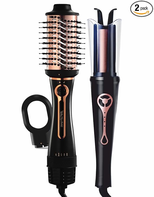 Urban Yog 3-in-1 Hot Air Brush & MakeMeBold Automatic Hair Curler Combo | Hair Dryer, Straightener, Volumizer & Curler | 1200 Watts, Dual Voltage, Anti-Scald, Ceramic Coating, Black and Rose Gold