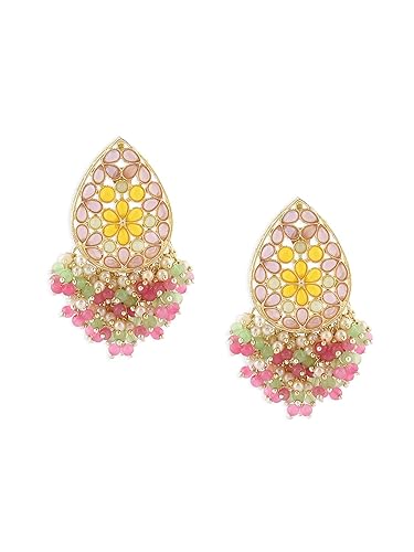 Zaveri Pearls Multicolor Stones Embellished Clustered Beads Yellow Gold Drop Earring For Women-ZPFK15188